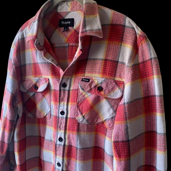 Brixton Men’s Bowery Red, Grey, Yellow Plaid Long Sleeve Flannel SZ L - Picture 1 of 14